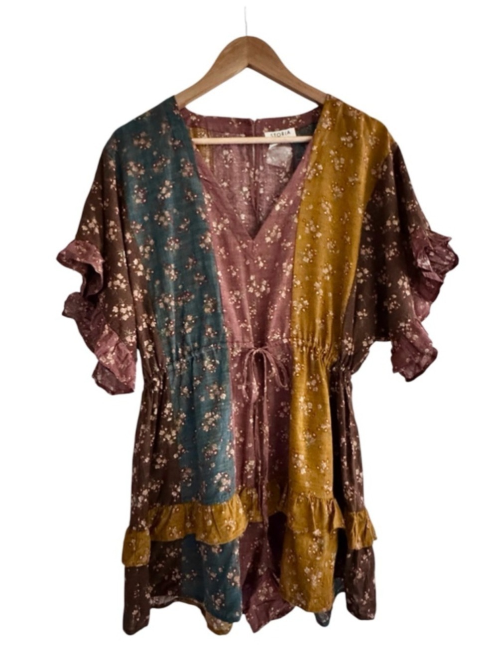 boho patchwork floral romper storia festival prairie earthy